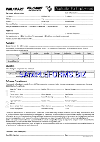 WalMart Application for Employment (Fiilable) pdf free